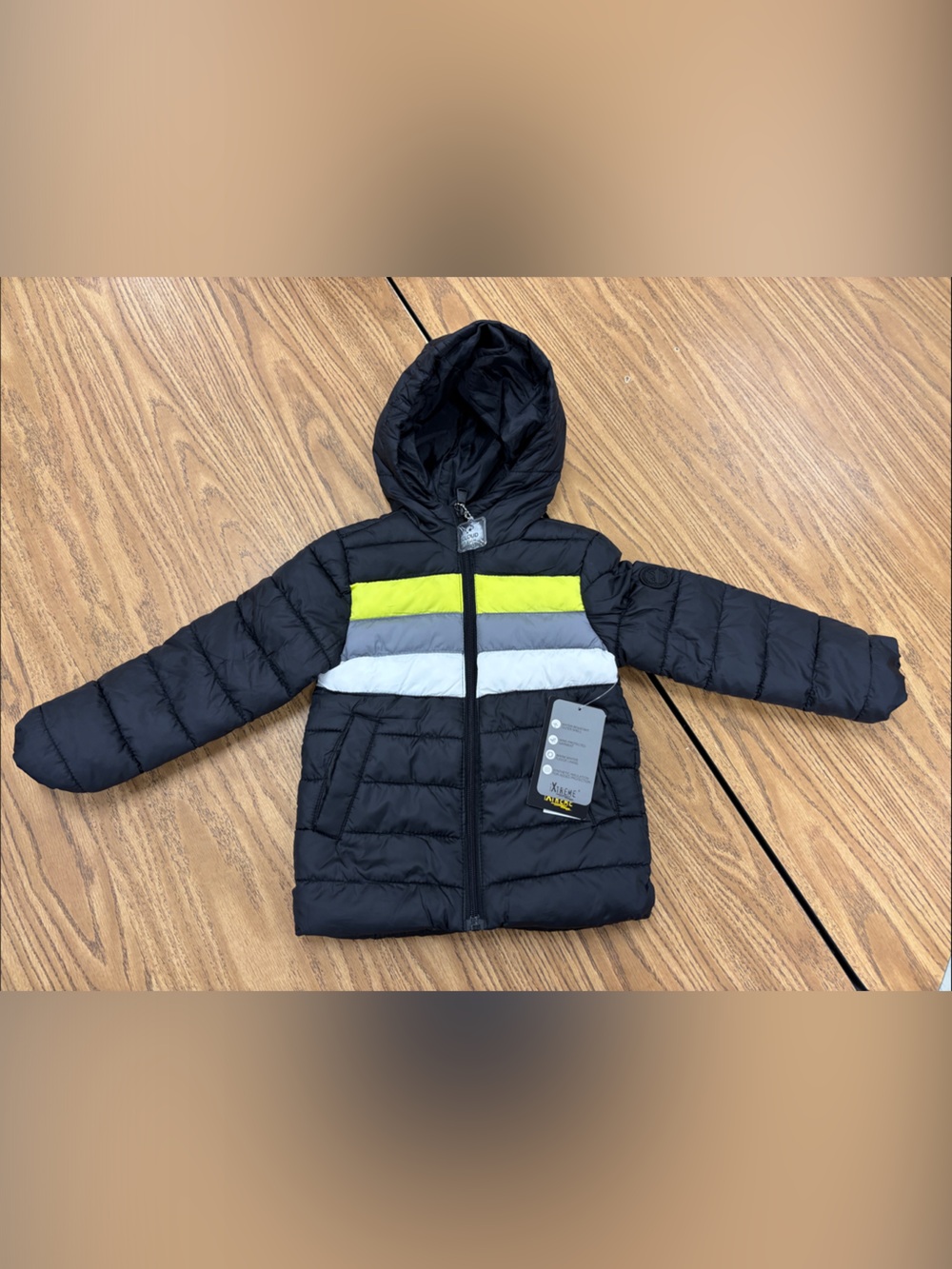 Kids Black Hooded Puffer Jacket with Lime and White Chest Stripes